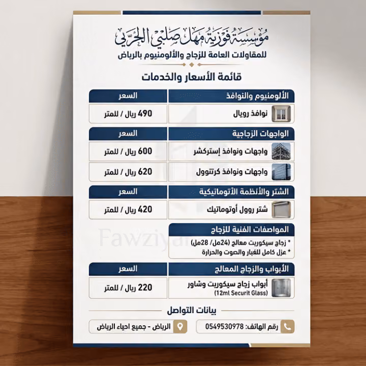مؤسسة فوزية مهل صلبي الحربى للمقاولات العامة للزجاج والألومنيوم بالرياض سيكوريت
